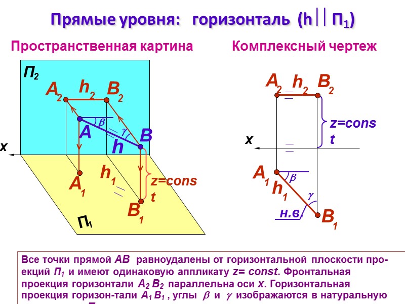 Все точки прямой АВ  равноудалены от горизонтальной плоскости про-екций П1  и имеют